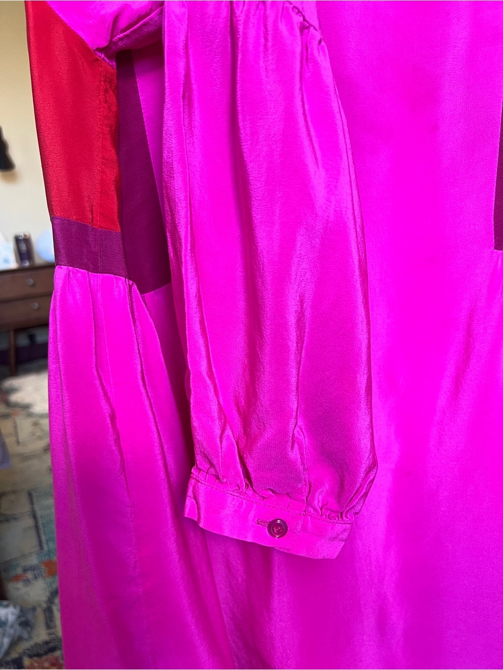 Amanda Uprichard Colorblock Silk Tie Magenta Blouse with Red and Plum Panels - Picture 5 of 5